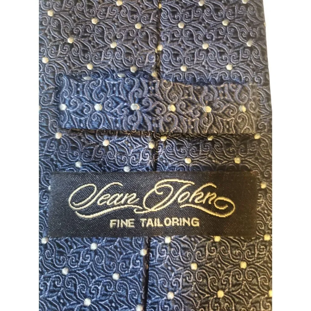 Sean John Mens‎ Tie Necktie Fine Tailoring Blue White Scroll Print Polka Dot
